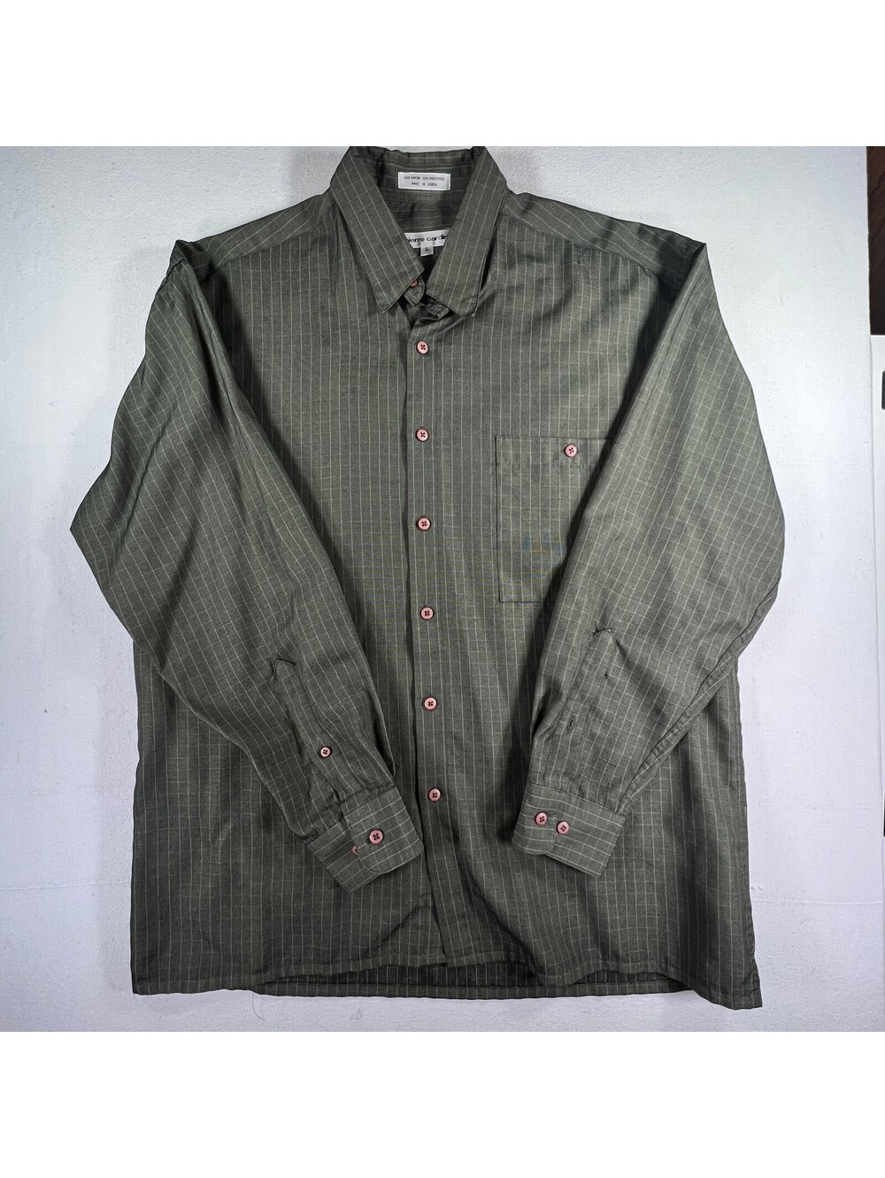 Vintage Pierre Cardin Green Pinstripe Button-Up Shirt Size L Rayon Polyester